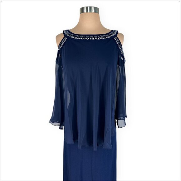 Alex Evenings Cold Shoulder Popover Jersey Chiffon Gown Beaded Neckline NWT 14 - Picture 3 of 6